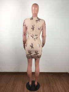 Vue arrière détaillée d'une robe courte à paillettes avec manches longues en mesh et zip