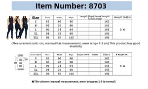 Size chart for slim fit denim jumpsuit including bust waist and hip measurements in cm