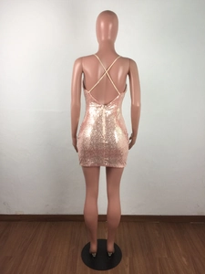 Detail of cross back straps and hidden zipper on sequined champagne bodycon mini dress