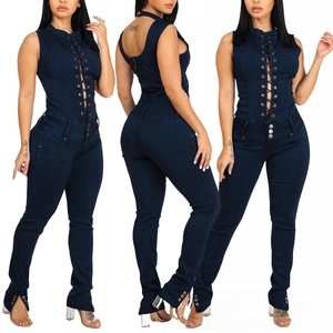 Deep blue denim jumpsuit with lace-up front and metallic side buttons in three views