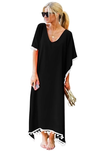 Robe de plage noire pour femme avec col en V et pompons blancs sur les bords