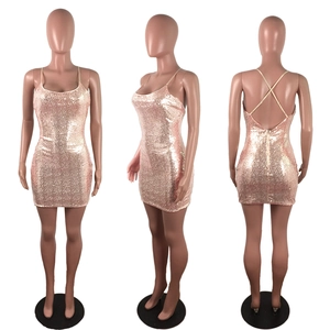Three-view shot of rose gold sequin mini dress showing front, side, and cross back details