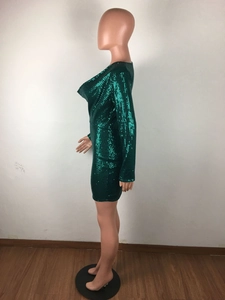 Detailed view of dark green sequins on long sleeve bodycon dress for party wear