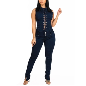 Slim fit sleeveless dark blue denim jumpsuit with lace-up front and metal buttons