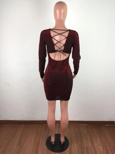 Detail of burgundy backless dress with shimmer fabric and criss-cross bandage ties