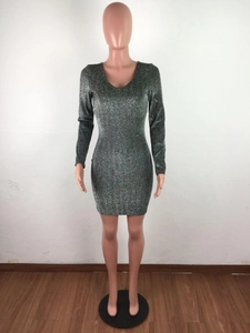Detail of V-neck long sleeve bodycon dress with silver glitter sequins and mini length