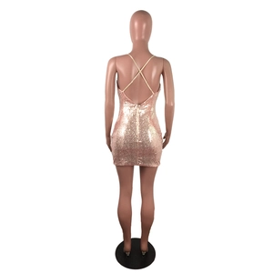 Detail view of the backless sequin dress featuring crisscross straps and hidden zipper