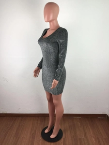 Detail of silver V-neck long sleeve bodycon dress with shimmering glitter fabric finish