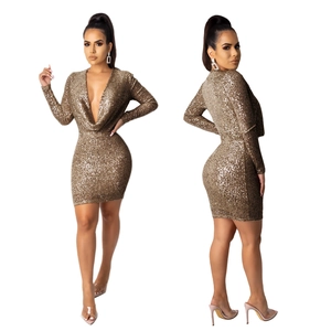 Sparkly gold sequin mini dress with deep V-neck and long sleeves for party wear