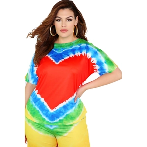 Detail of colorful tie-dye patterns and soft fabric on women's casual short set