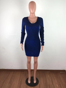 Detail of navy blue slim fit V-neck dress with shimmering fabric and metallic finish