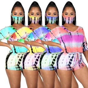 Women Tie-Dye Lounge Outfits V-Neck Short Sleeve Top And Drawstring Shorts And Matching Mask Casual Summer Cotton Blend Sweatsuit