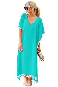 Robe de plage longue en mousseline bleu sarcelle avec col en V et bordures à pompons
