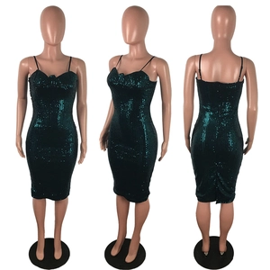 Detailed front, side and back view of emerald green sequin bodycon midi dress