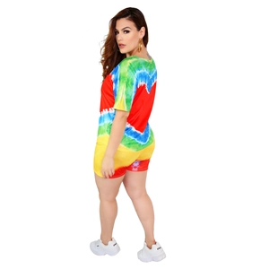 Back view of a tie-dye two-piece set featuring high-elastic short sleeve and matching shorts
