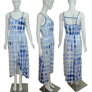 Three-way view of a blue tie-dye V-neck dress with adjustable straps and high-low hem