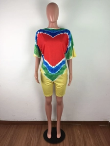 Detail of a colorful tie-dye casual two-piece set with a red heart-shaped chest pattern