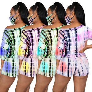 Women's three-piece tie-dye set with off-shoulder top and shorts in four vibrant colors
