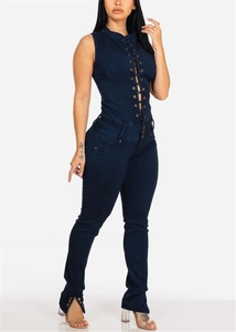 Close-up of the lace-up eyelet detail and sleeveless cut on the dark blue denim jumpsuit
