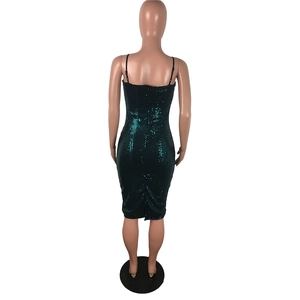Close-up back view of dark green sequin midi dress with slim fit and spaghetti straps