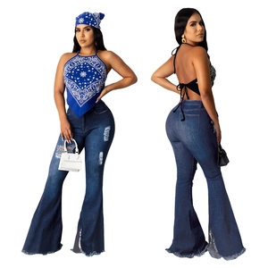 Damen High Waist Zerrissene Schlagjeans Sexy Gewaschene Distressed Denim Hose Mit Fransen Saum Streetwear Jeanshose