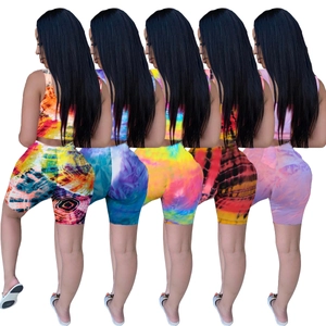 Women's 2-piece tie-dye set with crop tank and cycling shorts in five vibrant colors