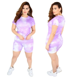 Women's purple and white tie-dye casual two-piece set with T-shirt and cycling shorts