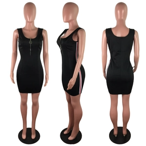Three-sided view of black slim-fit mini dress with red and white side stripes