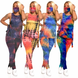 Women Casual Tie Dye Three Component Outfit Sleeveless Tank Top High Waist Long Pants And Matching Mask Streetwear Clothing
