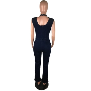 Slim fit dark blue denim jumpsuit featuring back zipper closure and bodycon silhouette