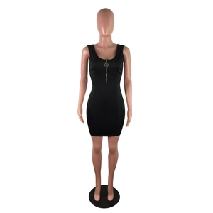 Detail of slim fit black mini dress featuring front metal zipper with a round puller ring