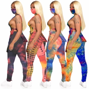 Women's 3-piece tie-dye lounge set with backless top, leggings, and matching mask