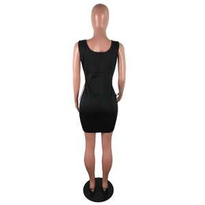 Detail back view of a slim fit sleeveless dress with red and white striped side tape