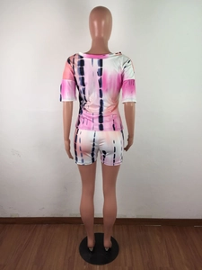 Detail view showing back side of women's tie-dye set with blue vertical stripes