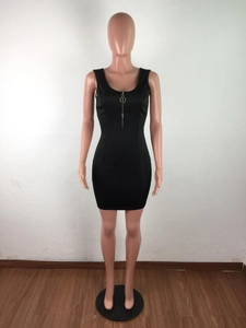 Close-up of black sleeveless bodycon mini dress featuring a metal ring zipper neckline
