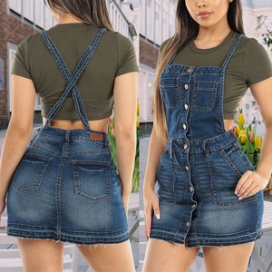 Denim overall dress with front buttons, back cross straps, and frayed hem shown in two views