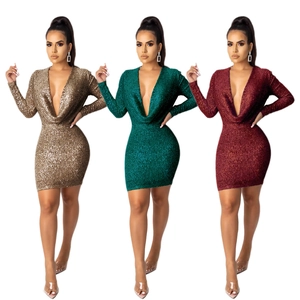 Women Sexy Sequin Mini Dress Deep V-Neck Long Sleeve Bodycon Party Nightclub Dress Solid Color Glitter Evening Dress