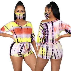 Women's summer tie-dye three-piece set with V-neck top, drawstring shorts, and matching mask
