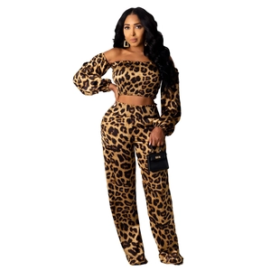 Schickes zweiteiliges Set mit Leopardenmuster, schulterfreiem Oberteil und weiter Hose