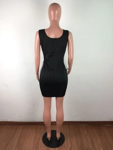 Rear view of a tight black mini dress with white and red side stripes and U-neck back