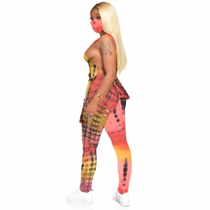 Detail of three-piece tie-dye set including halter crop top, high waist pants and face mask
