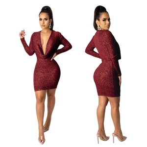 Sexy wine red sequin mini dress with deep V-neck and long sleeves for party