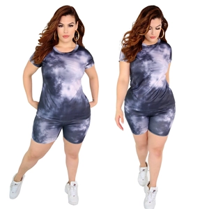 Plus size women's two-piece tie-dye set with round neck T-shirt and cycling shorts