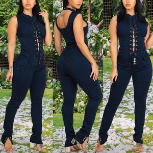 Women's Sexy Denim Jumpsuit Sleeveless Lace Up Front Slim Fit Bodycon Denim Romper High Waist Streetwear Skinny Long Pants
