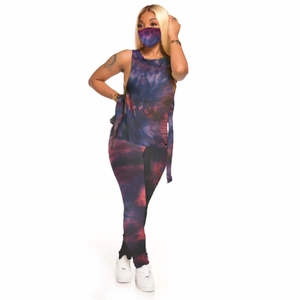 Detail view of women's 3-piece tie-dye lounge set with cropped top and matching leggings