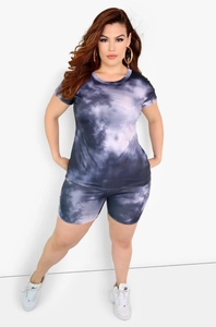 Detail of grey tie-dye pattern on women's two-piece short set with soft fabric texture