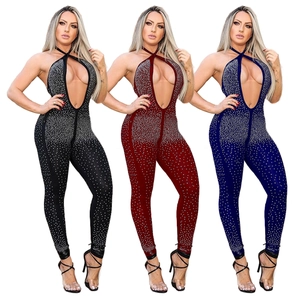 Tuta da Donna Sexy con Scollo all'Americana Schiena Scoperta Strass Intaglio Slim Fit Pagliaccetto Senza Maniche Festa Club Tuta Pantaloni Lunghi