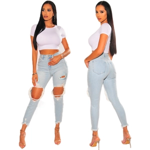 Jeans en Denim Déchiré à Taille Haute pour Femmes Pantalon Crayon Slim Fit Délavé Distressed Bleu Clair Streetwear Casual