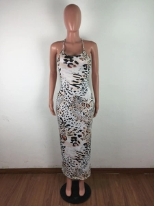 Detailed front view of a halter neck bodycon maxi dress in leopard print pattern