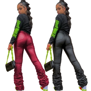 Damen High Waist Stacked Kunstlederhose Gerafft PU Streetwear Slim Fit Lange Hosen Einfarbig Mid Waist Bottom